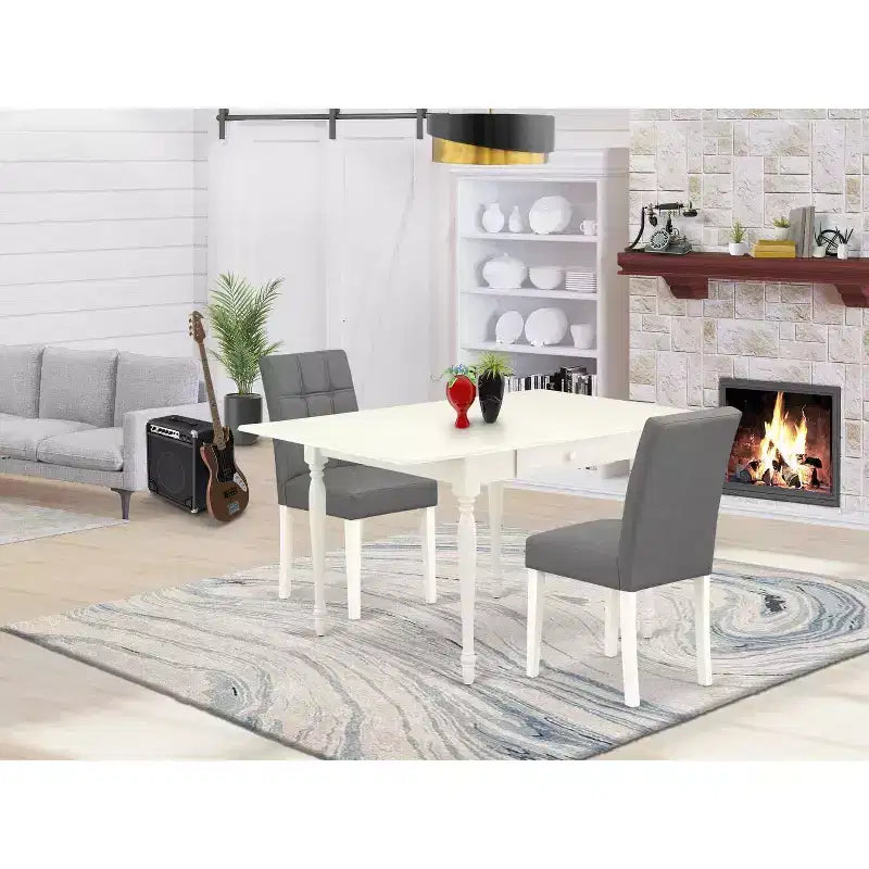HomeStock Set Tavolo da Pranzo 3 Pezzi in Legno Massello Finitura Lino Bianco con Piano Rettangolare e Ante a Ribalta