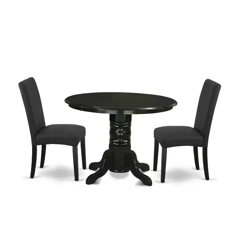 Medieval Round Dining Set - 42 Inch Table & 2 Parsons Chairs - Black Finish - Linen Fabric