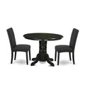 Medieval Round Dining Set - 42 Inch Table & 2 Parsons Chairs - Black Finish - Linen Fabric