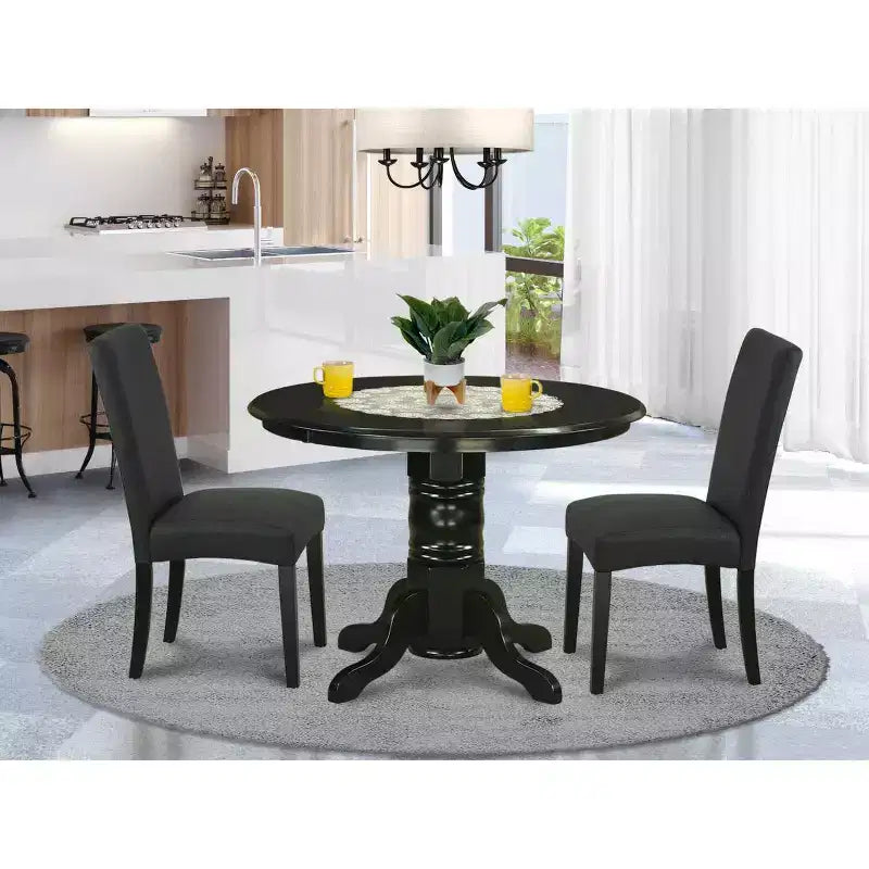 Set da pranzo medievale rotondo - Tavolo da 42 pollici e 2 sedie Parsons - Finitura nera - Tessuto di lino