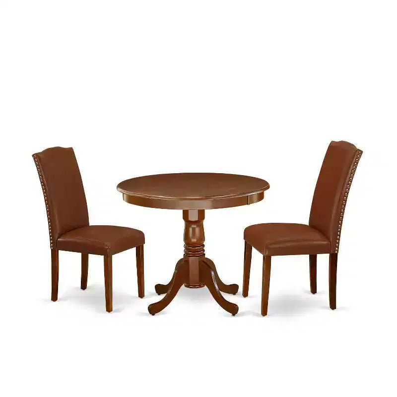 Round Dining Table Set - 36 Inch Table with 2 Parsons Chairs - Linen White Finish