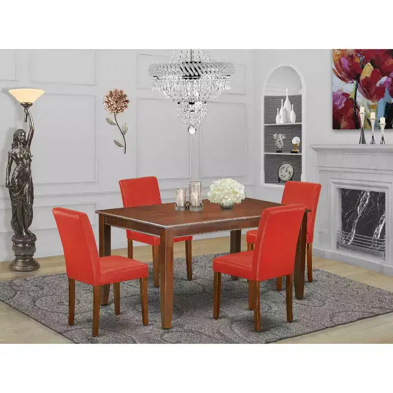 HomeStock Tavolo da pranzo rettangolare a 5 pezzi con piano in legno massello finitura mogano e 4 sedie Parson