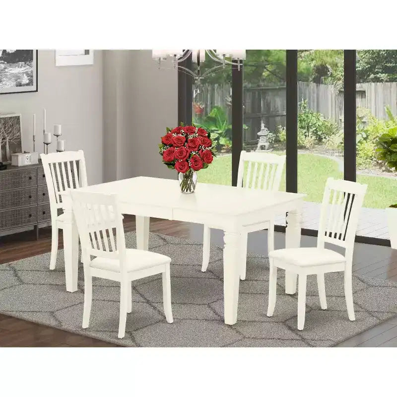 HomeStock Set da pranzo di 5 pezzi con tavolo rettangolare in legno massello con finitura Buttermilk e Cherry e 4 sedie con schienale a doghe e prolunga a farfalla