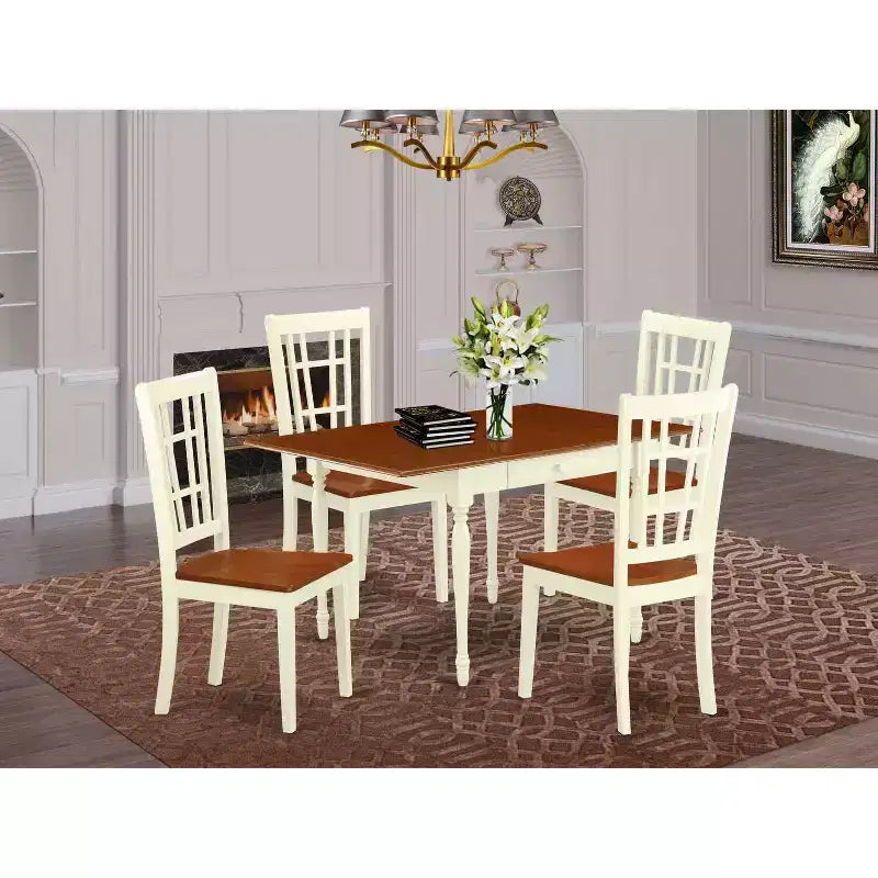 Set da pranzo 5 pezzi in legno massello con piano color latticello e ciliegio - 4 posti a sedere