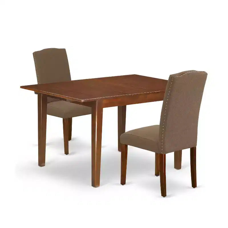 Rectangular Dining Table Set - 3pc Table & 2 Parsons Chairs - Dark Coffee Linen Fabric - 42 to 53.5