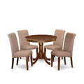 Round Dining Table Set 5pc Linen Brown Chairs Rustic Kitchen Table