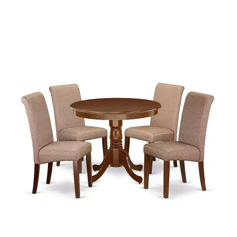 Round Dining Table Set 5pc Linen Brown Chairs Rustic Kitchen Table
