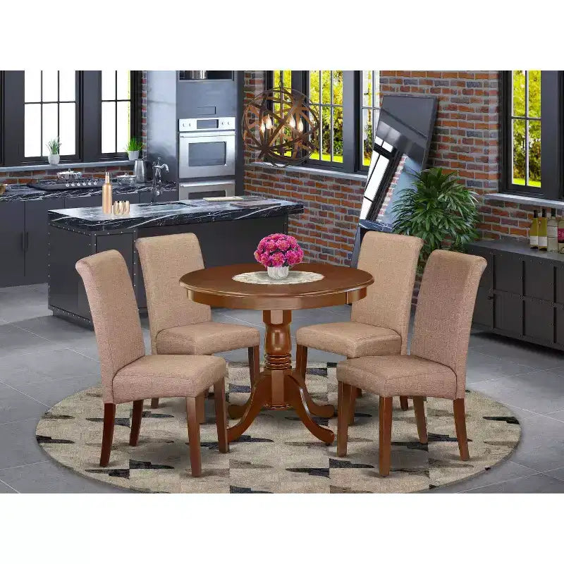 Set da pranzo con tavolo rotondo, 5 pezzi, sedie in lino marrone, tavolo da cucina rustico