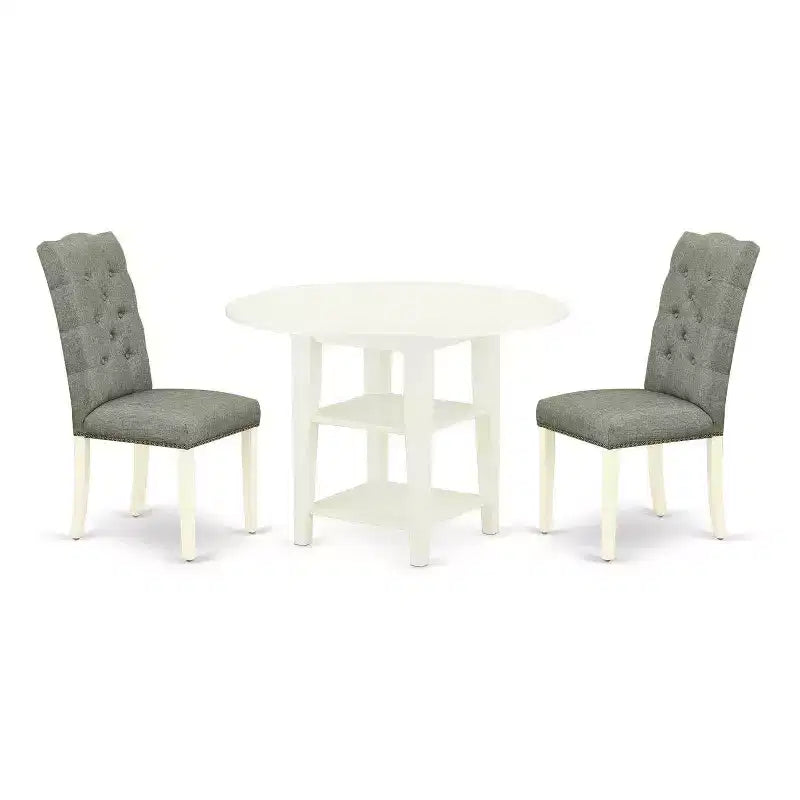 HomeStock 3-Piece Linen White Finish Round Solid Wood Top Dining Table Set