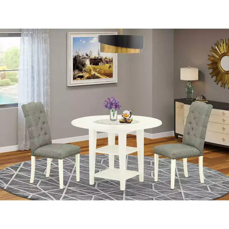 HomeStock Set da pranzo in 3 pezzi con piano rotondo in legno massello e finitura bianco lino