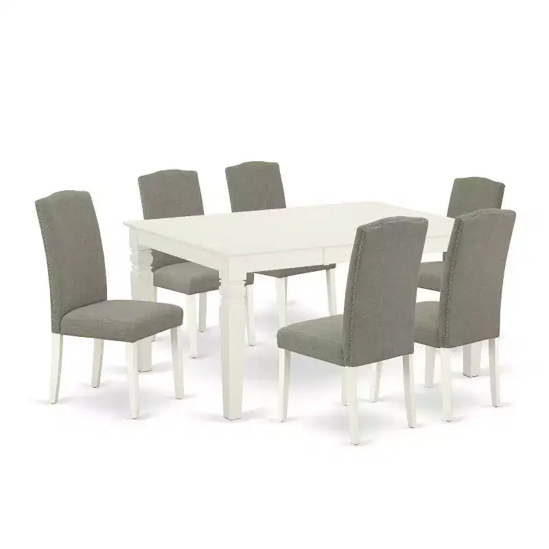 Rectangular Dinette Table Set 7Pc - 42/60 Table w/ Leaf & 6 Parsons Chairs - Linen White Legs