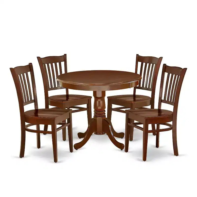 HomeStock 5-Piece Round Mahogany Finish Solid Wood Top Dining table with 4-Chairs