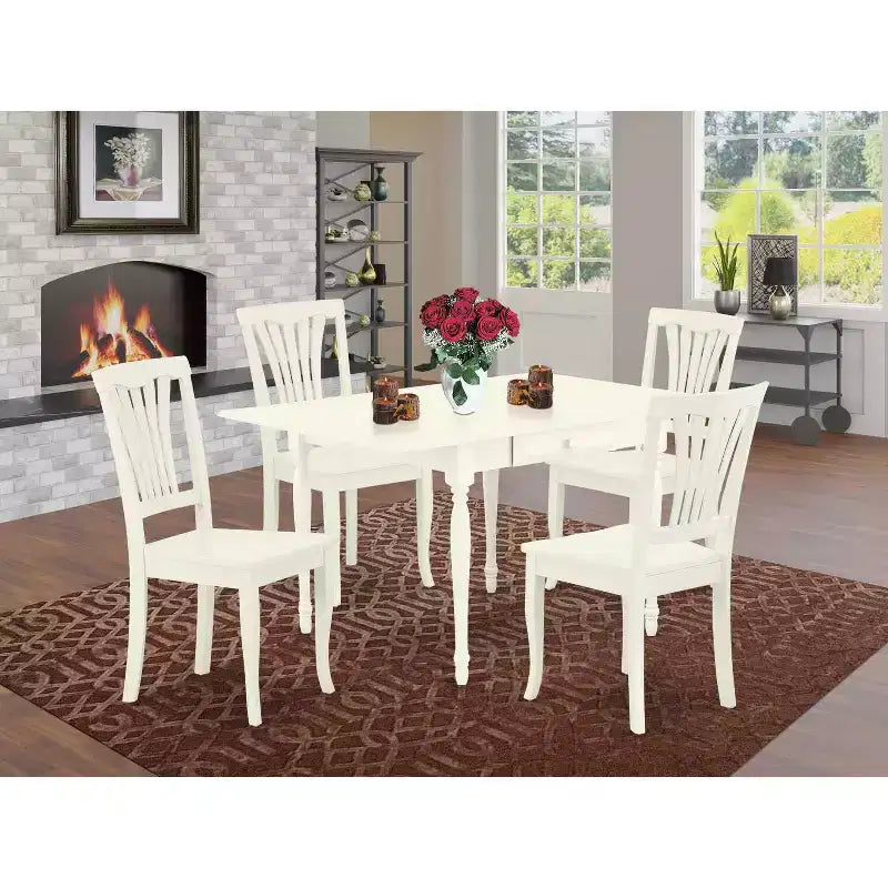 Set da pranzo in legno massello con piano rettangolare HomeStock, 5 pezzi, finitura lino bianco, con alette a ribalta, 4 posti