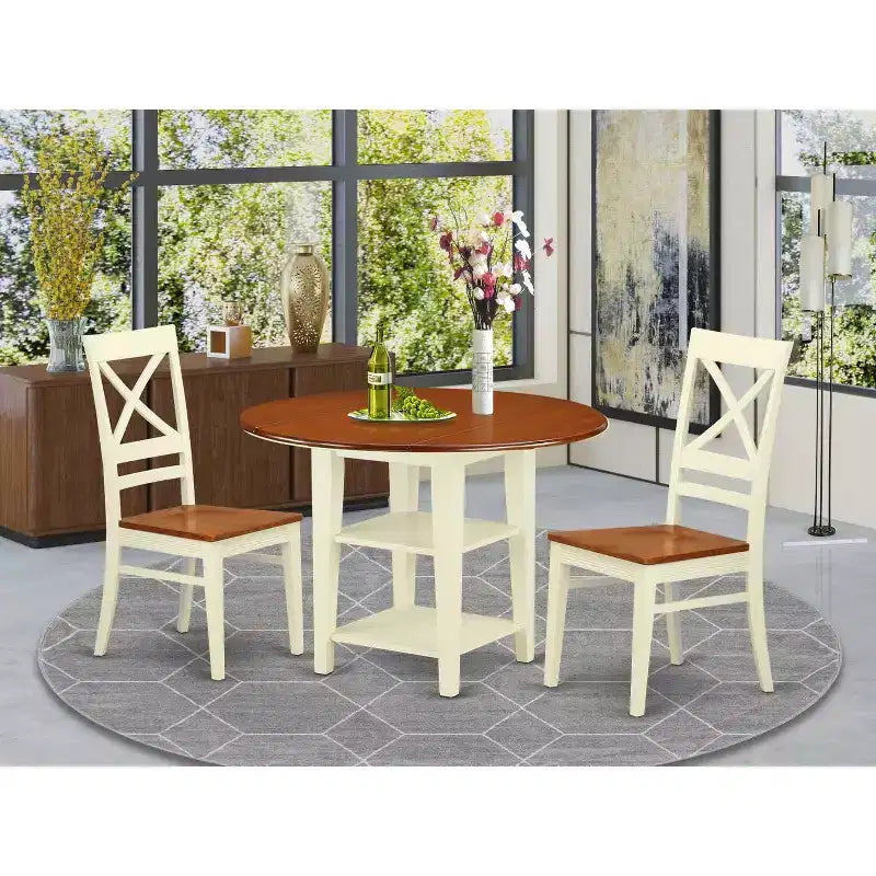 HomeStock Set da Pranzo Rotondo da 3 Pezzi in Legno Massello con Finitura Buttermilk e Ciliegio