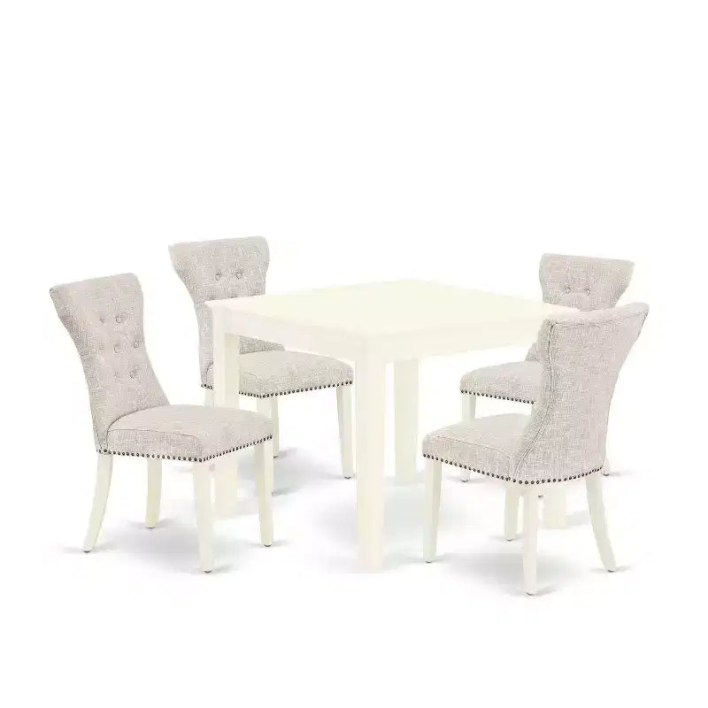5-Piece Linen White Finish Solid Wood Top - Dining Room Set with High Back - Seats 4