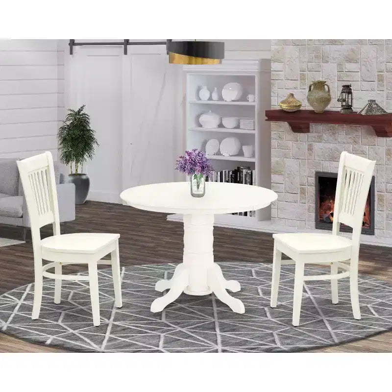 Set da pranzo rotondo da 3 pezzi in legno massello con finitura lino bianco - 4 posti a sedere