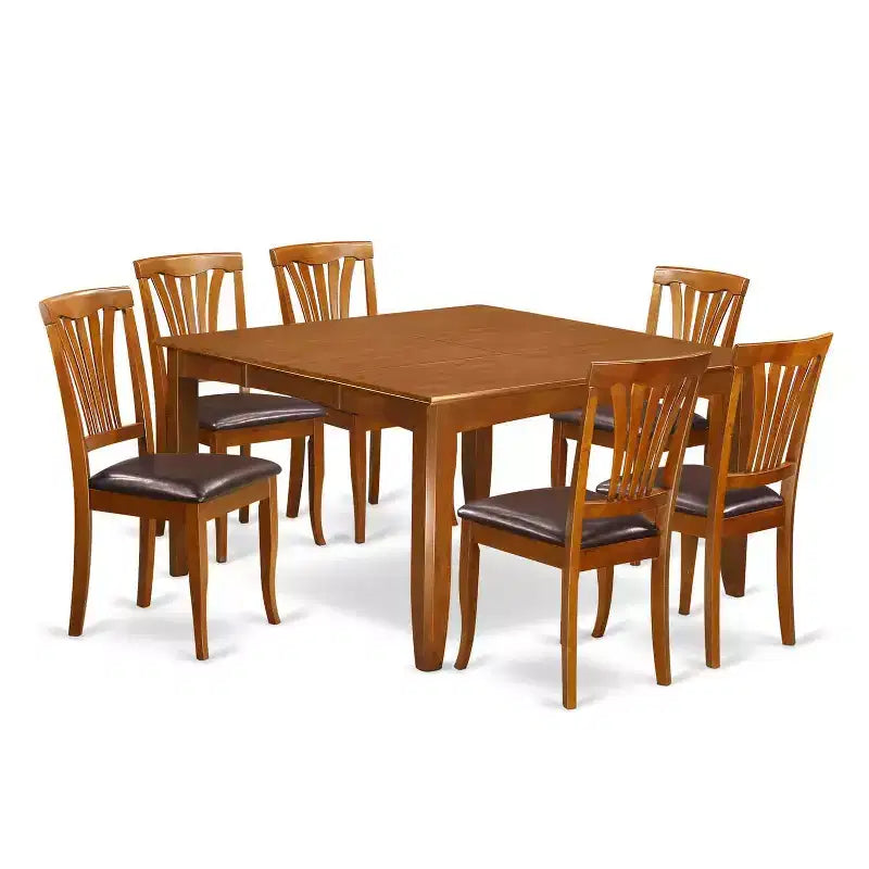 HomeStock 7-Piece Square Saddle Brown Finish Solid Wood Top Dining Table with 6-Chairs