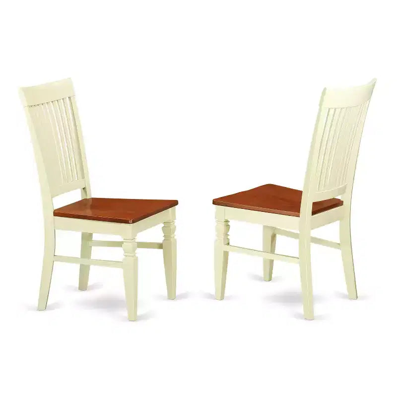Set tavolo da pranzo HomeStock 3 pezzi con piano in legno massello con finitura color latte e ciliegio