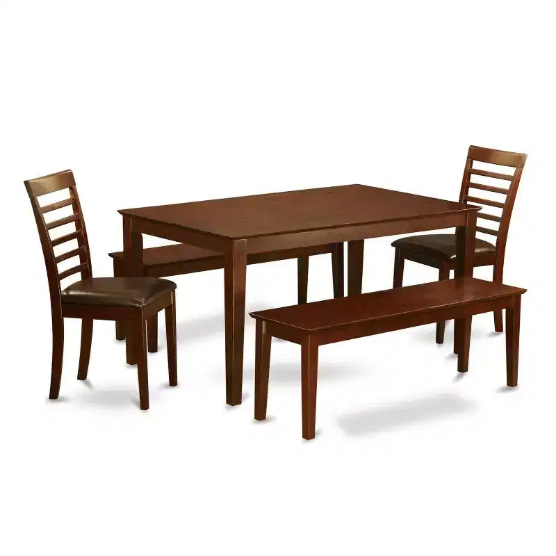 HomeStock 5-Piece Rectangle Mahogany Finish Solid Wood Top Dining Table with 2 Benches, 2 Chairs