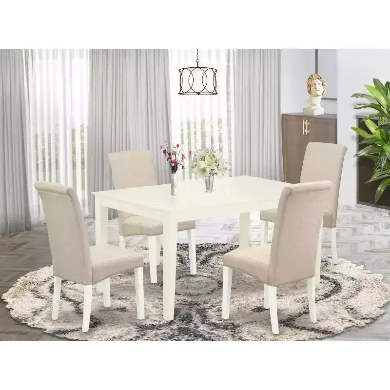 HomeStock Set Sala da Pranzo 5 Pezzi Rettangolare Finitura Bianco Lino, Piano in Legno Massello - 4 Posti a Sedere