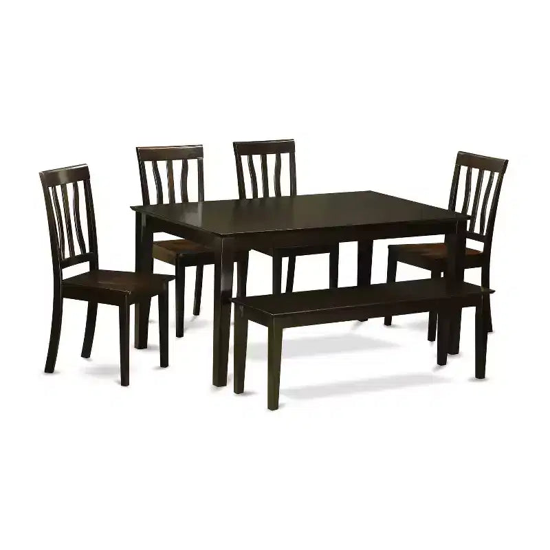 HomeStock 6-Piece Rectangle Cappuccino Finish Solid Wood Top Dining Table with 1 Bench, 4 Chairs