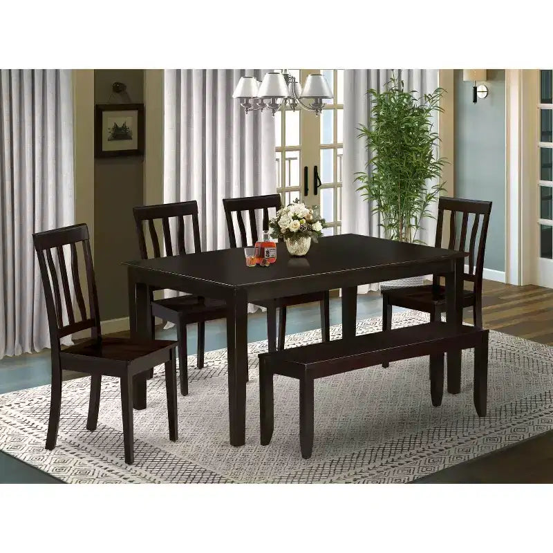 HomeStock Tavolo da Pranzo Rettangolare a 6 Pezzi con Piano in Legno Massello Finitura Cappuccino con 1 Panca, 4 Sedie