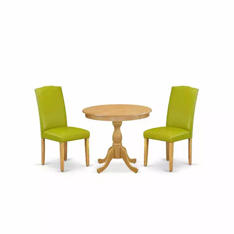 3-Piece Natural Oak Finish Solid Wood Top - Round Dining Room Set with High Back - Seats 4