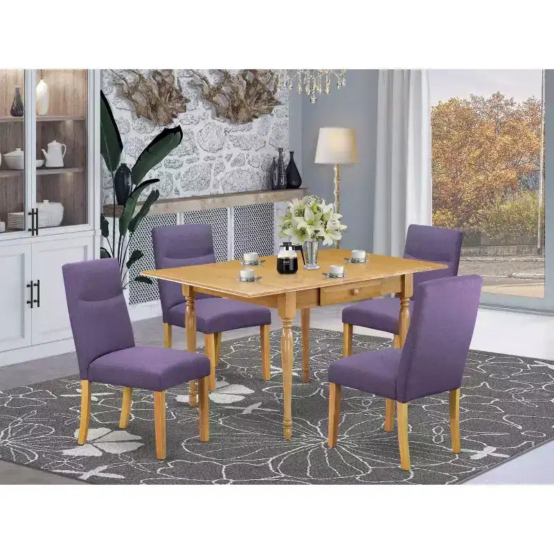 HomeStock Set da Pranzo 5 Pezzi con Piano in Legno Massello Finitura Rovere Naturale - con Alette Abbattibili - 4 Posti a Sedere