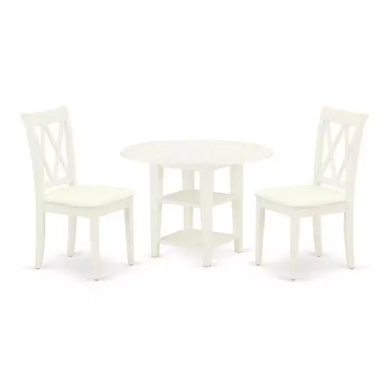 HomeStock 3-Piece Linen White Finish Round Solid Wood Top With Dropleaf Dining Table Set