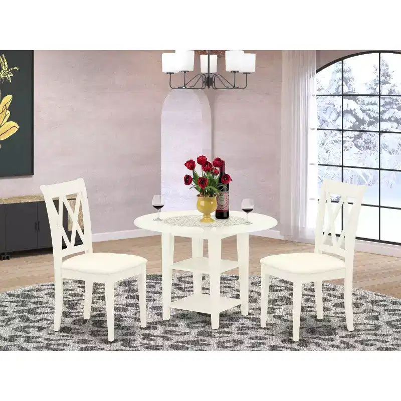 HomeStock Set da Pranzo 3 Pezzi con Tavolo Rotondo Pieghevole con Piano in Legno Massello Finitura Lino Bianco