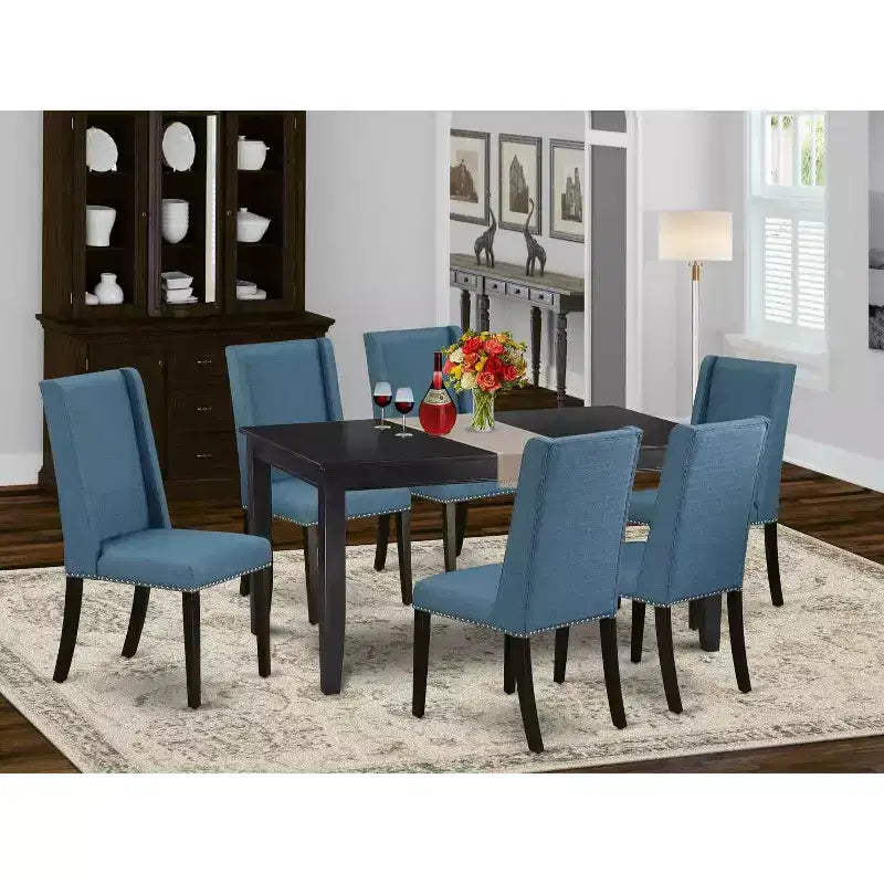 HomeStock Tavolo da pranzo a 7 pezzi con piano in legno massello finitura nera e 6 sedie Parson