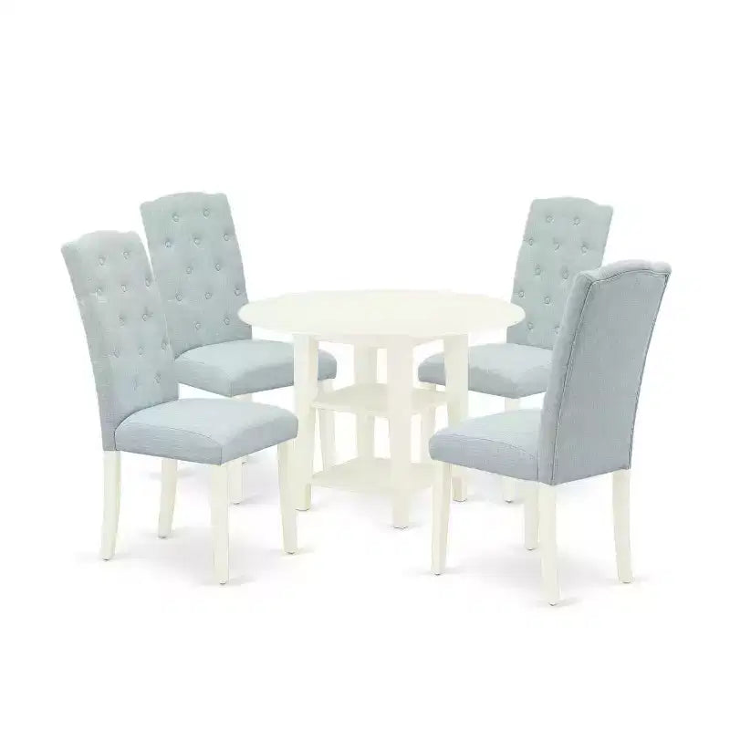 HomeStock 5-Pc Linen White Finish Solid Wood Top - Round Dining Room Set with Dropleaf - Seats 4