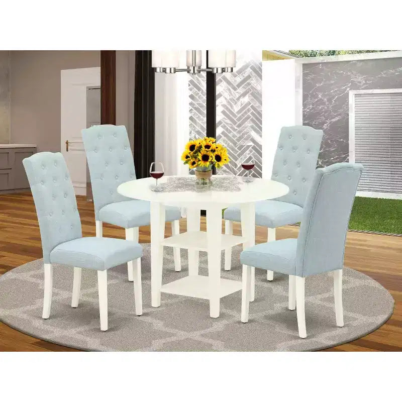 HomeStock Set da Pranzo Rotondo da 5 Pezzi con Piano in Legno Massello Finitura Lino Bianco - con Prolunghe a Ribalta - 4 Posti a Sedere