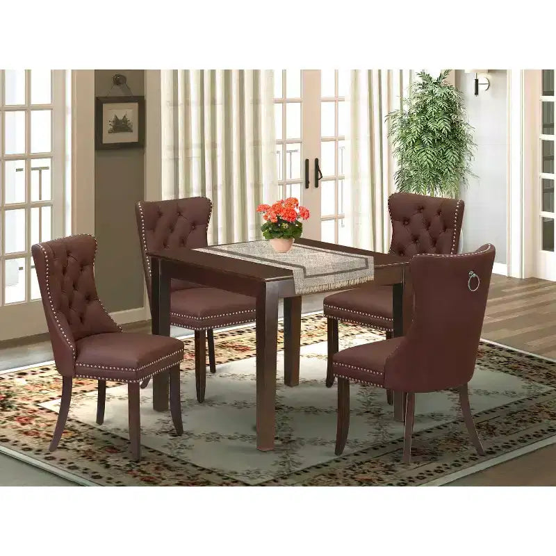 Set da pranzo imbottito da 4 posti, 5 pezzi in legno massello con finitura mogano - piano quadrato