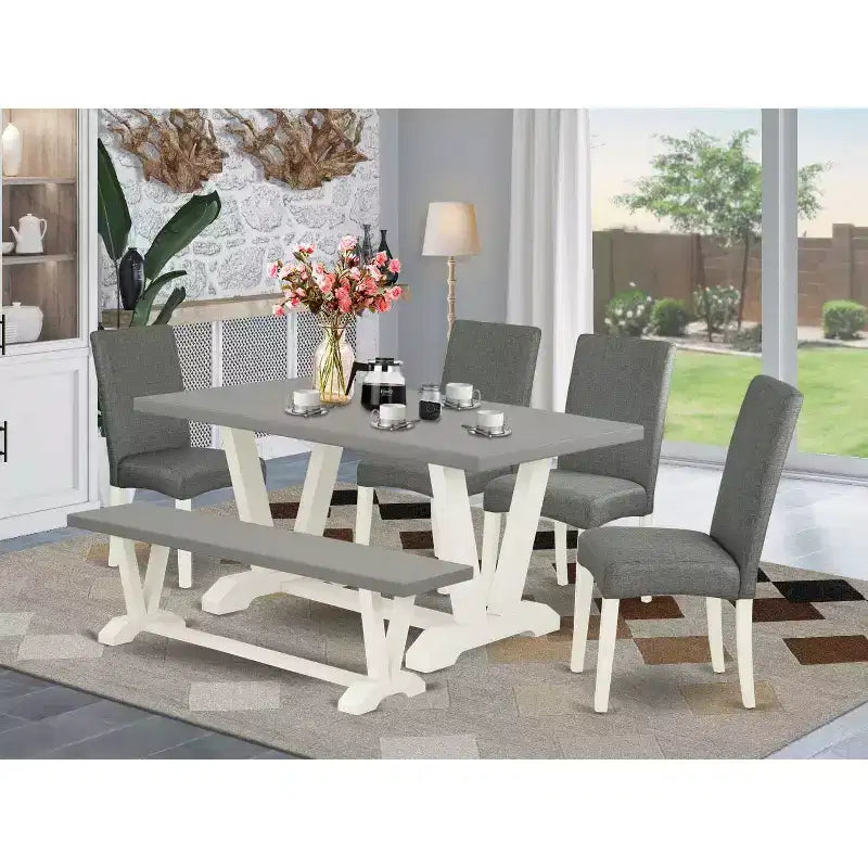 Tavolo da pranzo rettangolare a 6 pezzi con ripiano in legno massello con finitura in rovere naturale, con 1 panca, 4 sedie con