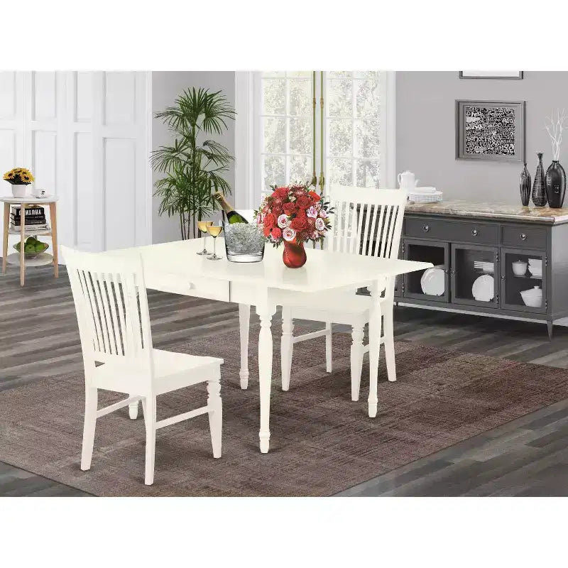 HomeStock Set da Pranzo 3 Pezzi con Piano in Legno Massello Finitura Lino Bianco e Tavolo con Ribalta