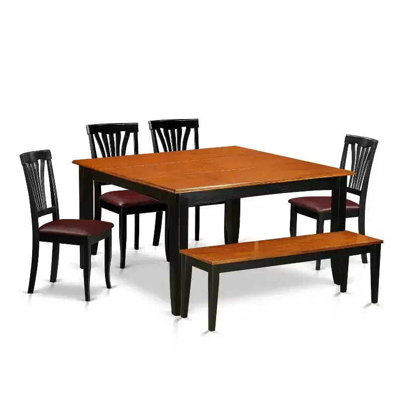 HomeStock 6-Piece Square Black & Cherry Finish Solid Wood Top dining Table with 1-Bench and 4-Chairs
