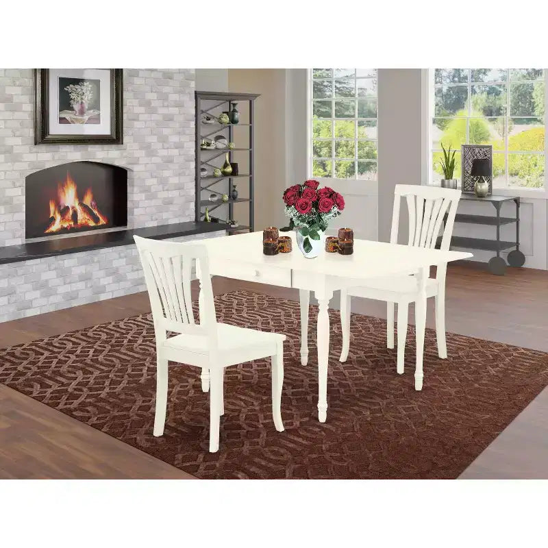 HomeStock Set Tavolo da Pranzo 3 Pezzi in Legno Massello Finitura Bianco Lino con Ribalta