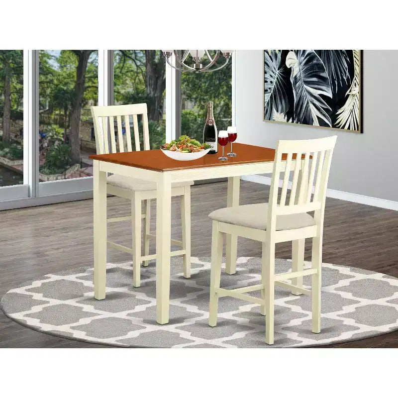 Set da pranzo HomeStock in 3 pezzi con piano in legno massello altezza bancone, finitura color latte e ciliegio