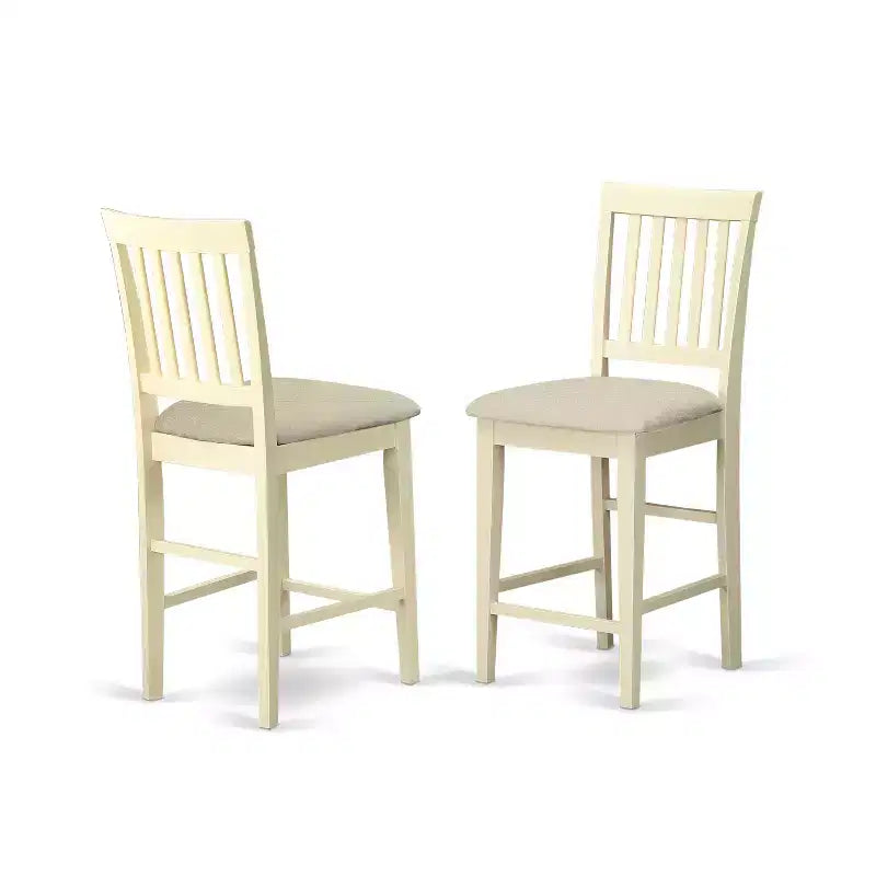 Set da pranzo HomeStock in 3 pezzi con piano in legno massello altezza bancone, finitura color latte e ciliegio