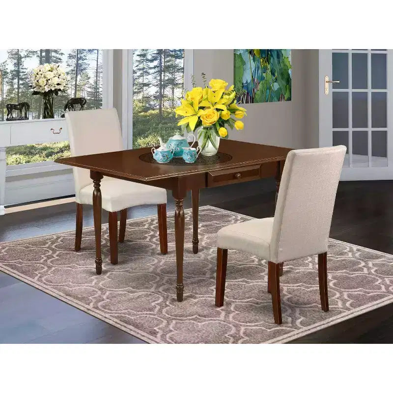 Set da pranzo HomeStock 3 pezzi con piano in legno massello finitura mogano e tavolo con ribalte laterali