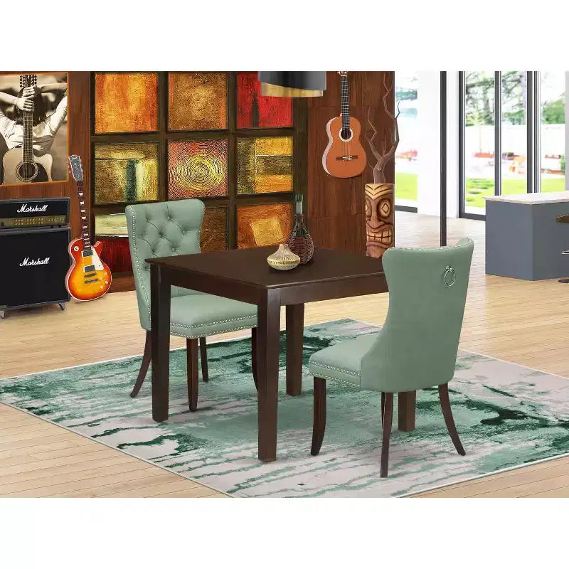 Set da pranzo da 3 pezzi con tavolo quadrato in legno massello finitura mogano
