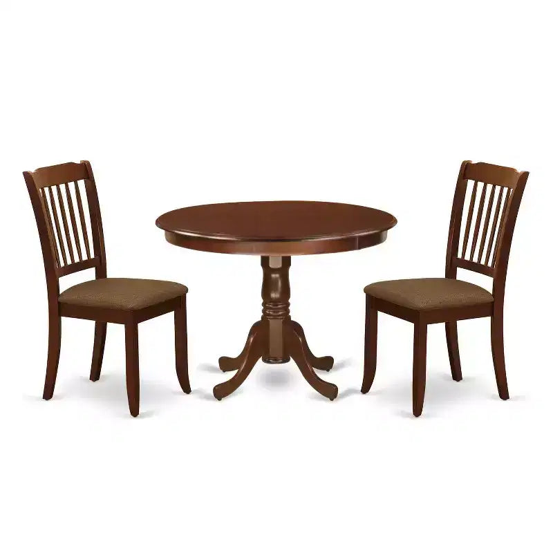 Coastal 3Pc Dinette Set - Round Kitchen Table & 2 Linen Dining Chairs - Mahogany Finish