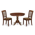 Coastal 3Pc Dinette Set - Round Kitchen Table & 2 Linen Dining Chairs - Mahogany Finish
