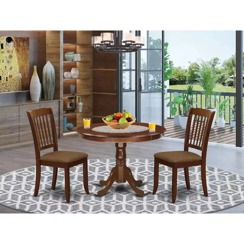 Set da pranzo 3 pezzi Coastal - Tavolo rotondo da cucina e 2 sedie da pranzo in lino - Finitura mogano