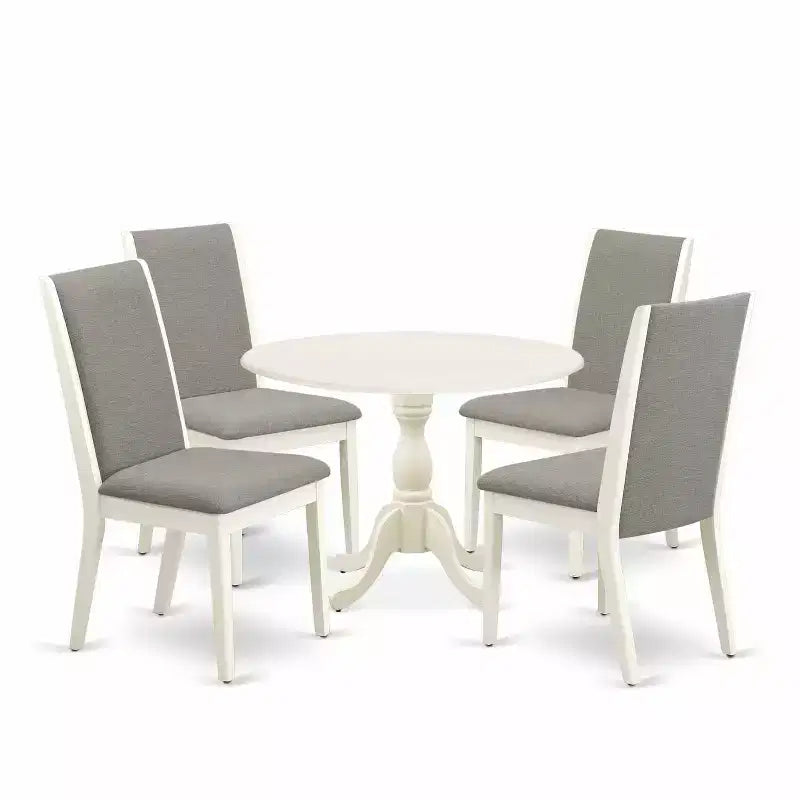 HomeStock 5-Piece Linen White Finish Solid Wood Top Dining table with 4 Chairs with Drop Leaf Lattice Back