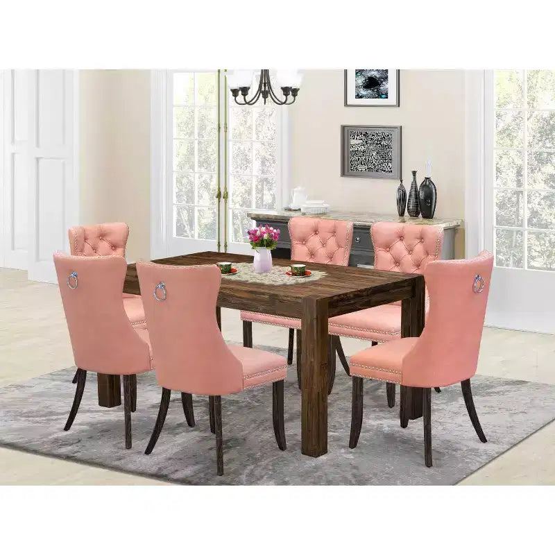 HomeStock Tavolo da Pranzo Rettangolare a 7 Pezzi, Finitura Jacobean Invecchiata, Piano in Legno Massello con 6 Sedie