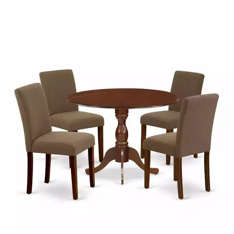 HomeStock 5-Pc Mahogany Finish Solid Wood Top Dining table with 4 Chairs with Drop Leaf