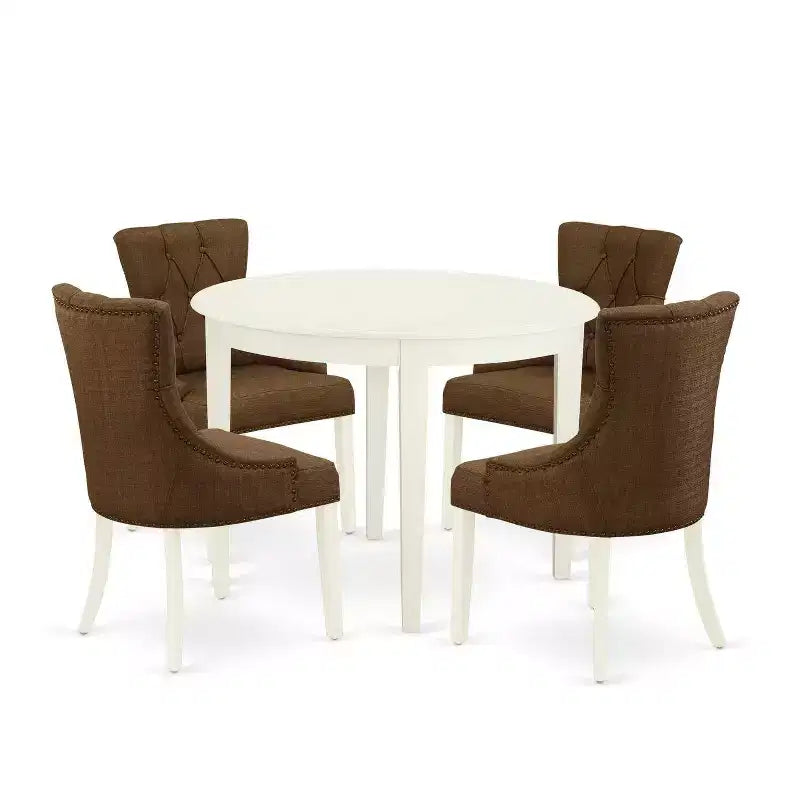 HomeStock 5-Pc Linen white Solid Wood Top - Round Dining Room Set - Seats 4