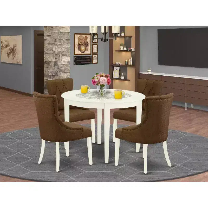 HomeStock Set sala da pranzo rotondo da 5 pezzi con parte superiore in legno massiccio bianco lino - 4 posti a sedere